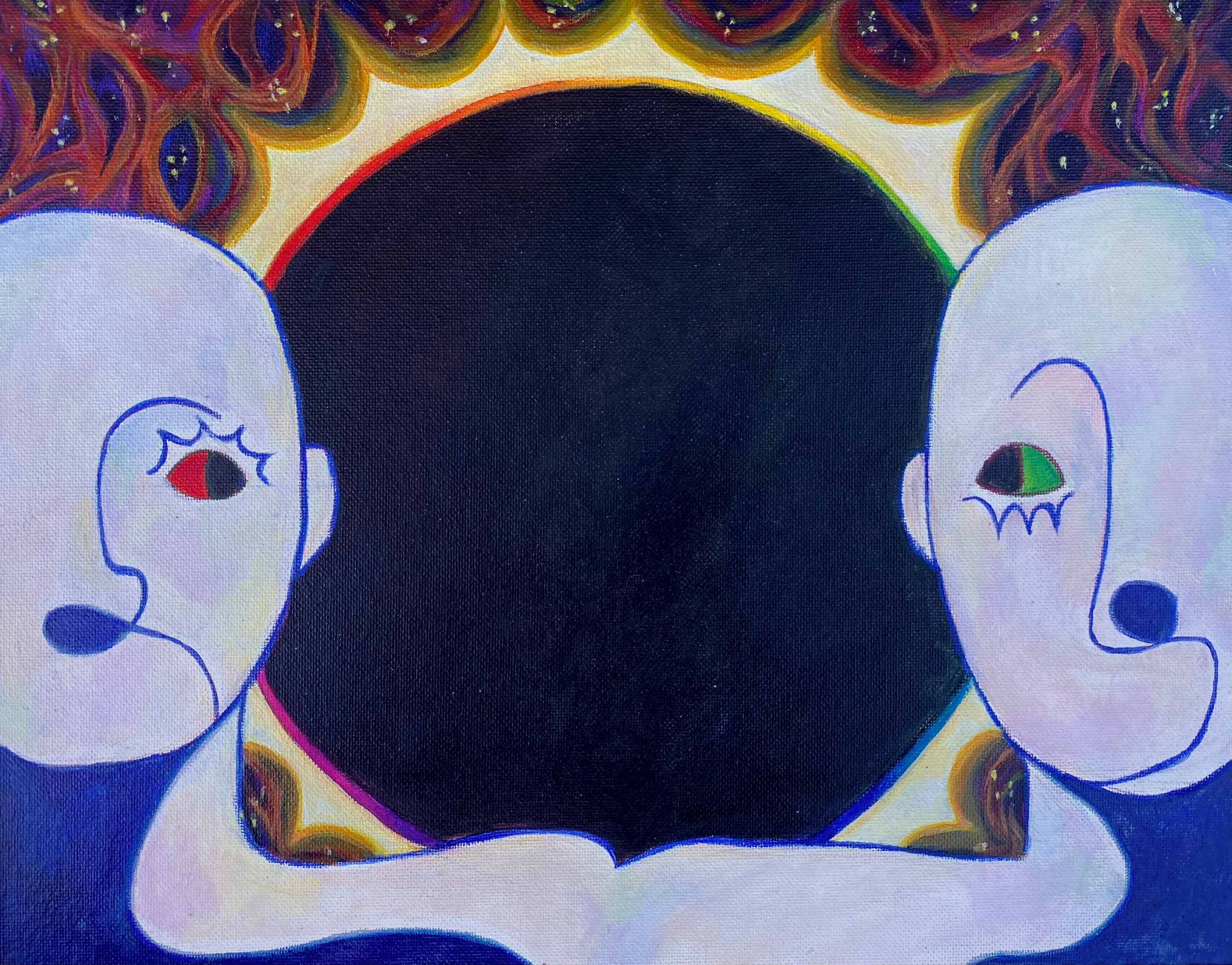 Two pearly white, abstract figures on either side of the canvas, looking at each other with a prismatic solar eclipse between them