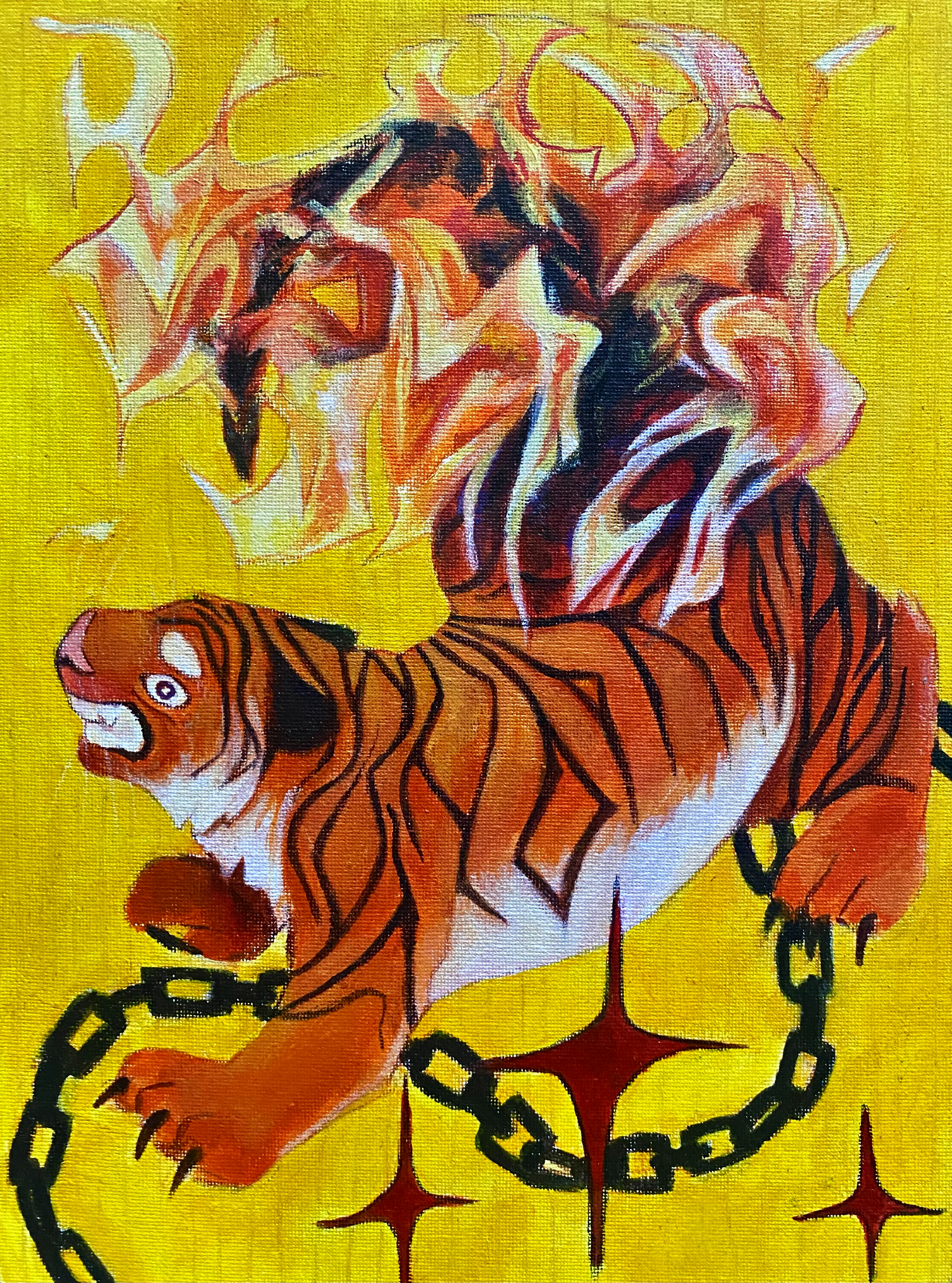A distressed looking tiger with a flaming tail on a yellow background
