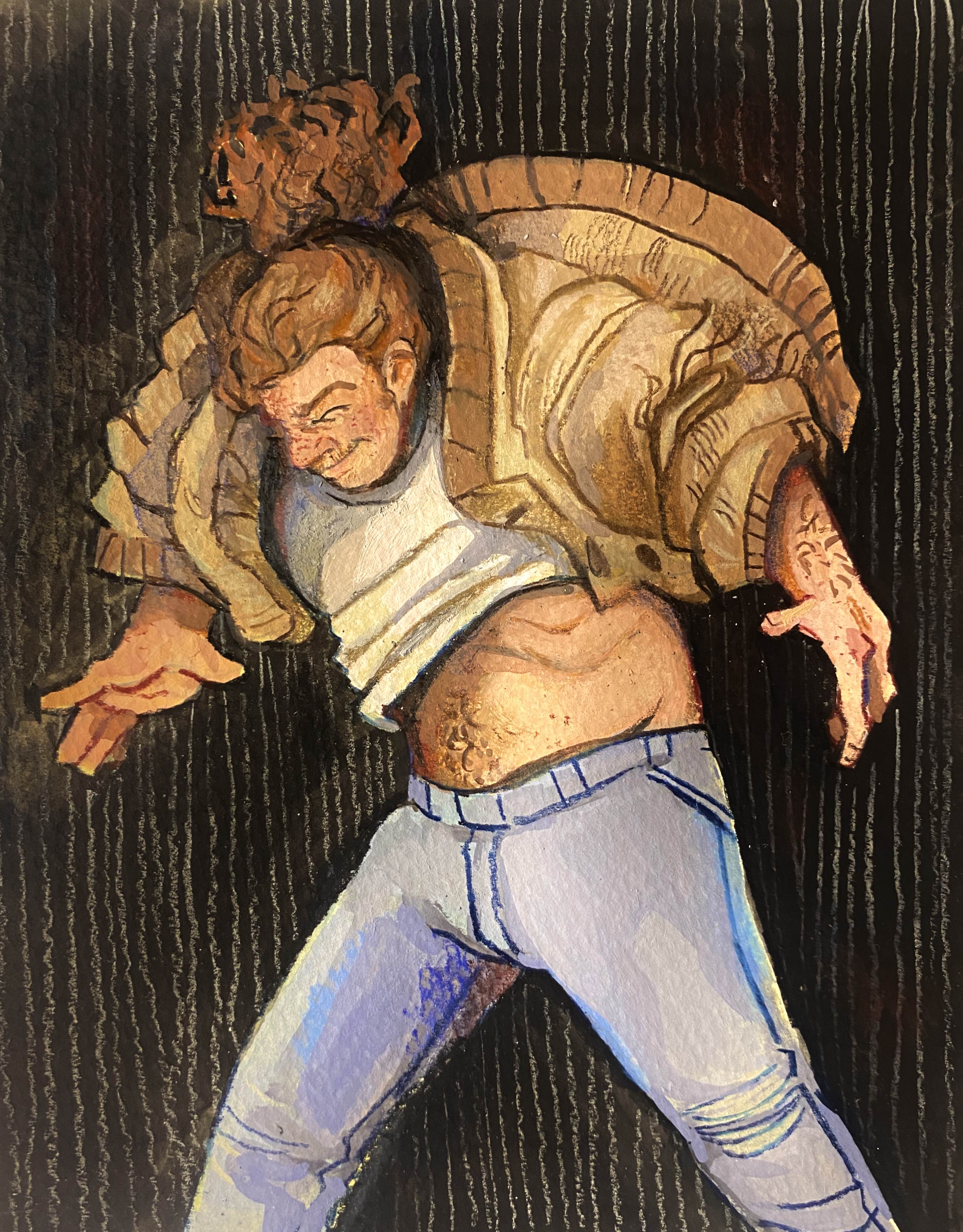 A brown-haired man in a white t-shirt and brown cardigan withstanding wind blowing from the bottom of the image