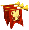 A red banner with a golden dragon silhouette that waves as if it's in the wind