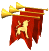 A red banner with a golden unicorn silhouette that waves as if it's in the wind