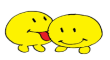 A yellow smiley face with feet licking another